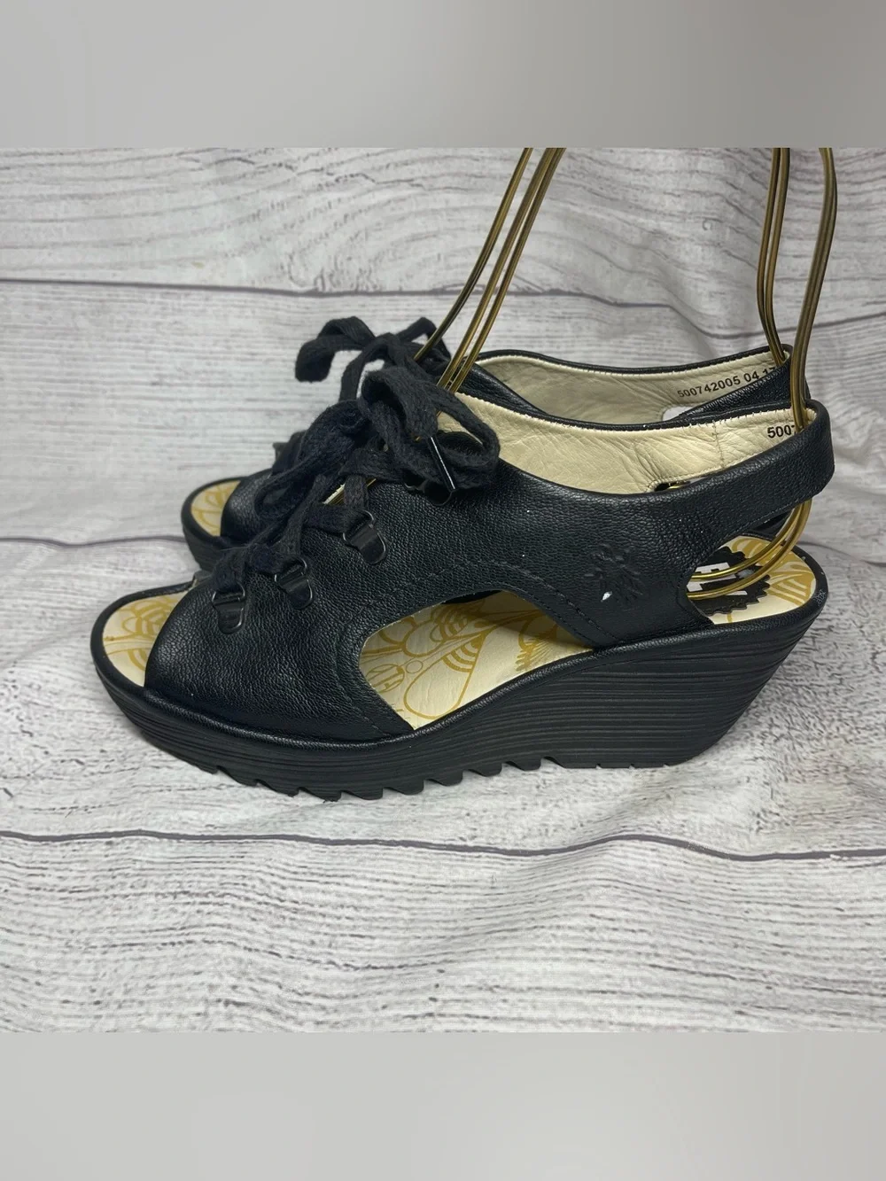 Fly London Women’s 7 (38) Ylfa Black Leather Lace Up Wedge Sandals